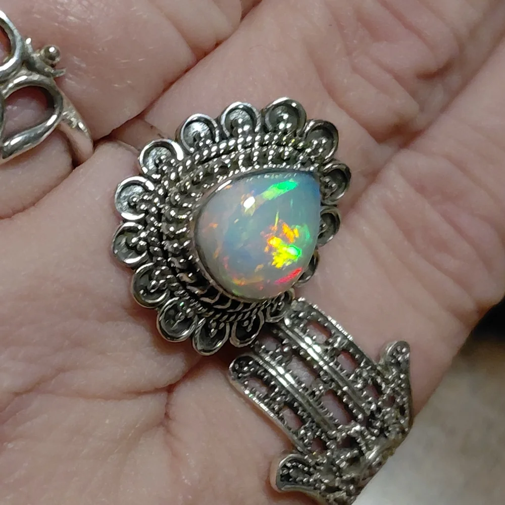 Vintage Style Ethiopian Opal Silver Ring Size 8.25